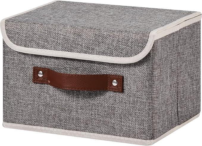 Storage Bins Box with Lids Decorative Cotton Linen Fabric Baskets Cubes with Handles PP Plastic Board Foldable Washable Lidded Clothing Shelf Closet Organizer Container (Gray, Small)