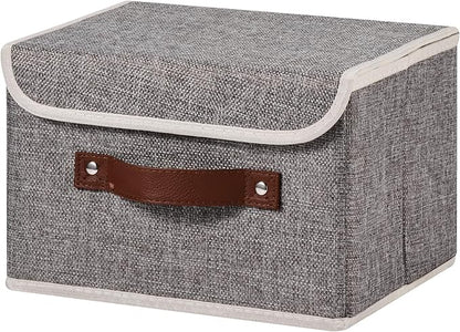 Storage Bins Box with Lids Decorative Cotton Linen Fabric Baskets Cubes with Handles PP Plastic Board Foldable Washable Lidded Clothing Shelf Closet Organizer Container (Gray, Small)