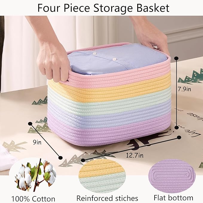 Rainbow Rope Basket for Storage 4 Pack Cotton Rectangular Baskets for Shelves Woven Toy Storage Bins for Nursery Kids in Classroom 12.7"Lx9"Wx7.9"H Pastel Rainbow