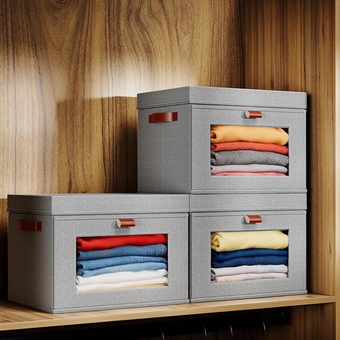 6-Pack Large Storage Bins with Lids,Stackable&Collapsible Closet Storage Bins,Oxford Fabric Organizer Box with Clear Window,Large Decorative Storage Boxes for Closet,Dorm16.5"x11.8"x11"