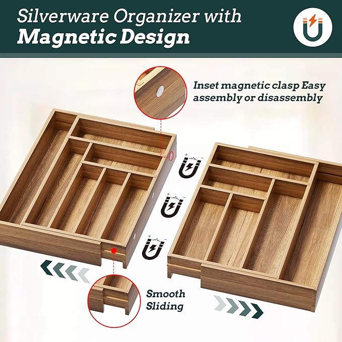 Silverware Organizer Large, Magnetic Connected Expandable 13 Slots Silverware Drawer Organizer From 21 to 37.4 Inches, Adjustable Flatware and Cutlery Holder, Bamboo Utensil Tray for Kitchen Acacia