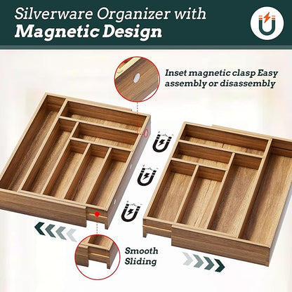 Silverware Organizer Large, Magnetic Connected Expandable 13 Slots Silverware Drawer Organizer From 21 to 37.4 Inches, Adjustable Flatware and Cutlery Holder, Bamboo Utensil Tray for Kitchen Acacia