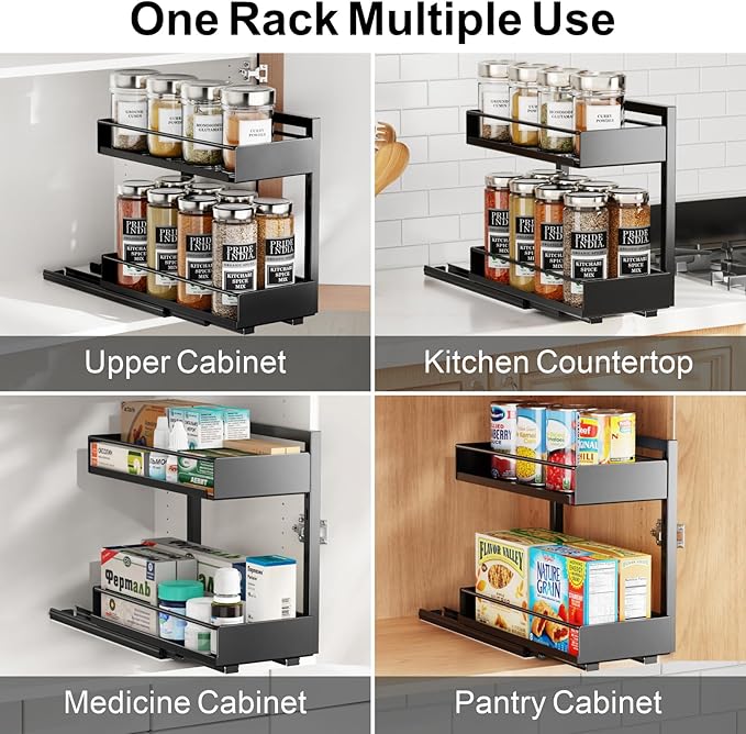 iSPECLE Pull Out Spice Rack - 2 Pack Peel and Stick No-Drill Vertical Spice Racks for Inside Cabinet Easy Access No Digging, Adjustable Height for 4oz to 8oz Spice Jars, For Kitchen Pantry Cabinet