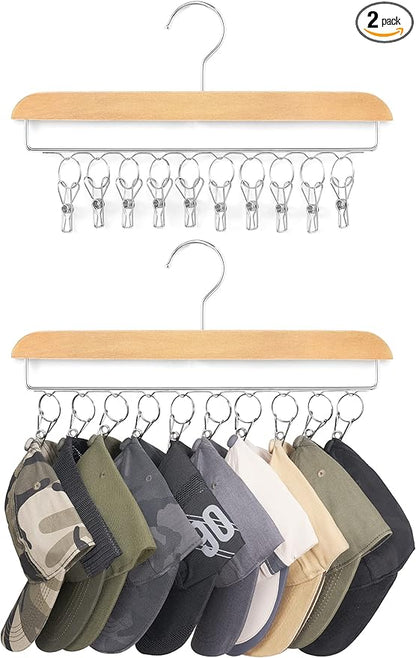 Mkono Hat Hangers for Closet Set of 2 Wooden Hat Racks Organizer for Baseball Caps with 20 Stainless Steel Clips, Baseball Hat Holder for Closet Storage, Fits All Caps, Wood Color