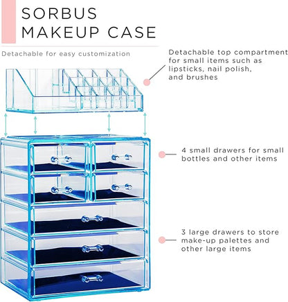 Sorbus Acrylic Makeup Organizer Set, 7-Drawer Vanity & Countertop Cosmetic Storage with Small & Wide Compartments, Blue Brilliance Makeup Storage for Brushes, Jewelry – Holiday Gift for Women & Teens