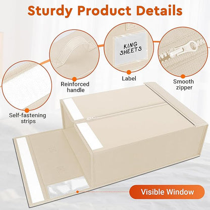 StorageTastic 6 Pack Bed Sheet Closet Organizers and Storage,Sturdy Foldable Storage Containers with Window and Label,Storage and Organization for Bedding Sheets,Duvet Covers,Blankets (Beige)