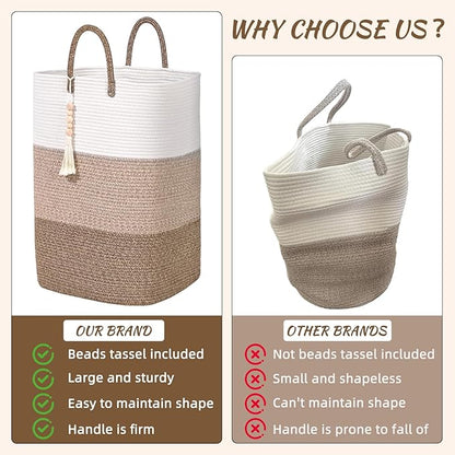 Woven Laundry Basket for Clothes,100 L Large Rectangle Laundry Hampers with Beads Tassel, Nursery Storage Basket for Toys, Tall Dirty Clothes Hamper for Bedroom Aesthetic, Laundry Room Organization