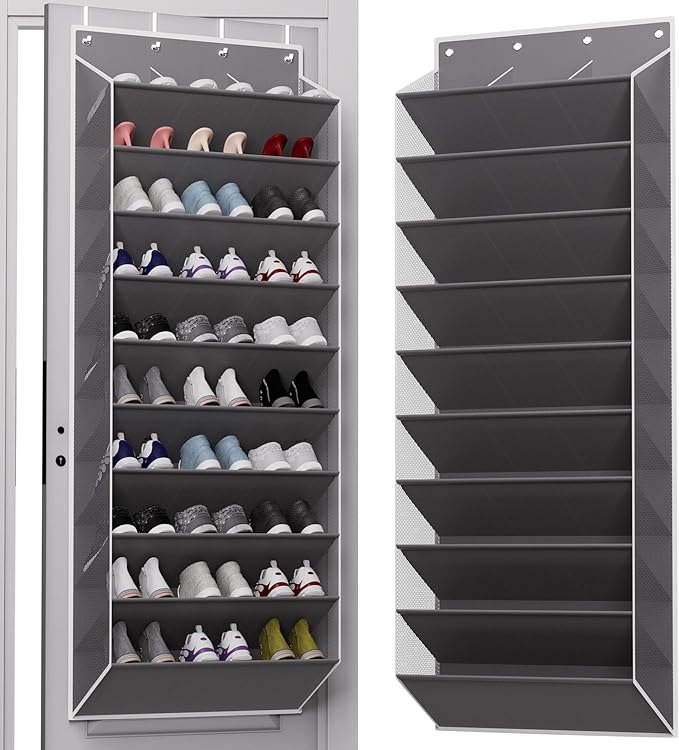 TAHAVICE 30 Pairs Over The Door Shoe Organizer, 10-Tier Hanging Shoe Rack with Deep Pocket for Closet, Extra Large Shoe Storage Holder for Sneakers, Boots, Heels(Grey)