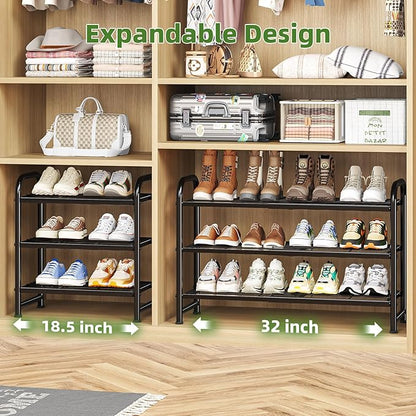 Simple Trending 3-Tier Expandable Shoe Rack, Adjustable & Stackable Shoe Organizer, Heavy Duty Metal Free Standing Shoe Shelf Storage for Closet Entryway Doorway, Black