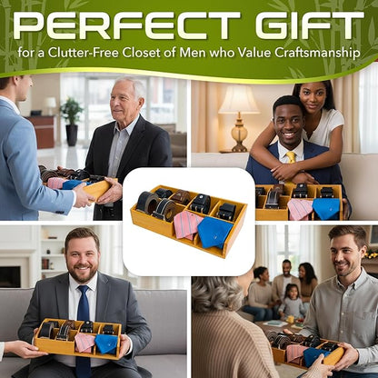Belt Organizer for Closet and Drawer – 8 Compartments Bamboo Storage Box for Belts and Ties – Eco-Friendly Natural Bamboo