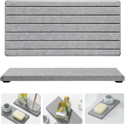 Razborci 2PCS Instant Dry Diatomite Stone Counter Makeup Tray Organizer, Fast Drying Caddy Kitchen Sponge Holder Mat, Bathroom Vanity Toothbrush Bottle Dispenser Soap Dish Rack, Light Gray, 8"x 3.8"