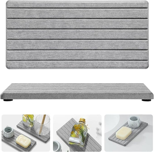 Razborci 2PCS Instant Dry Diatomite Stone Counter Makeup Tray Organizer, Fast Drying Caddy Kitchen Sponge Holder Mat, Bathroom Vanity Toothbrush Bottle Dispenser Soap Dish Rack, Light Gray, 8"x 3.8"