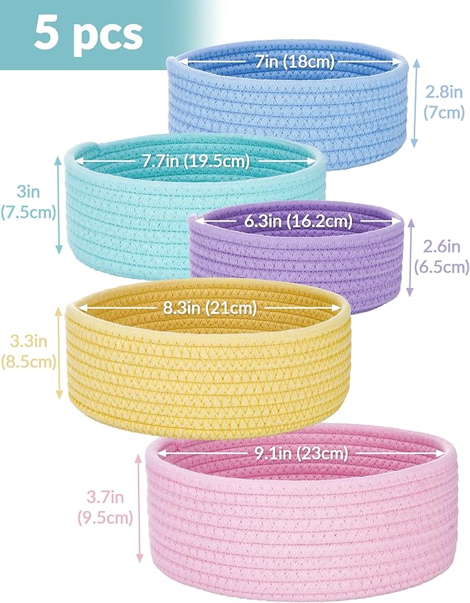 NiHome 5-Pack Round Cotton Rope Storage Baskets for Organizing, Cotton Rope Woven Bin Set in Assorted Sizes, Stackable Open Bins for Countertops, Shelves, Bedroom & Closet, Home Decor (Rainbow)