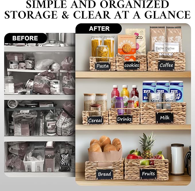 Set of 4 Sizes Hand-Woven Pantry Shelf Baskets, Hyacinth Storage Baskets with Chalkboard Labels & 2 Chalk Markers, Wicker Nestable Shelf Basket Set for Organizing Pantry Laundry Shelves