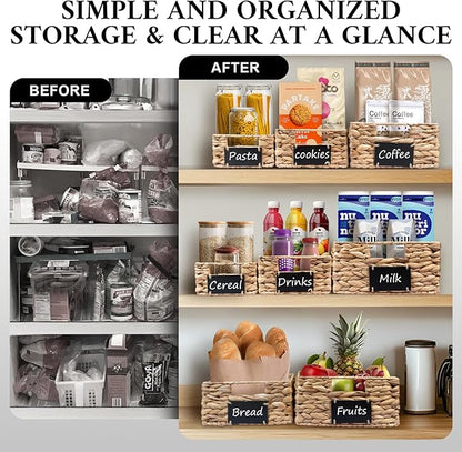 Set of 4 Sizes Hand-Woven Pantry Shelf Baskets, Hyacinth Storage Baskets with Chalkboard Labels & 2 Chalk Markers, Wicker Nestable Shelf Basket Set for Organizing Pantry Laundry Shelves
