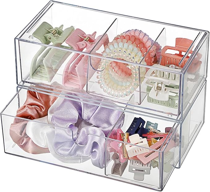 Hipiwe 2-Tier Acrylic Storage Drawer Stackable Box Hair Accessories Organizer Clear Desktop Organizer with Removable Dividers for Vanity Bathroom