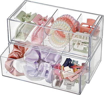 Hipiwe 2-Tier Acrylic Storage Drawer Stackable Box Hair Accessories Organizer Clear Desktop Organizer with Removable Dividers for Vanity Bathroom