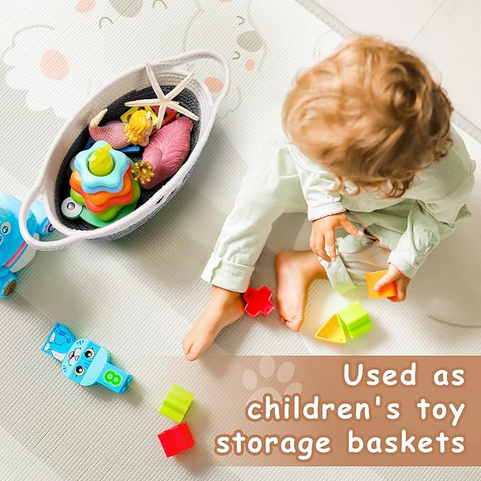 Small Woven Baskets for Organizing Rope with Handle Cute Cotton Basket for Nursery Gift Dog Cat Toy Storage Basket for Toy Organizer-Gray