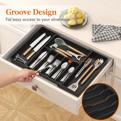 Lifewit Silverware Drawer Organizer, Expandable Utensil Tray for Kitchen, BPA Free Flatware and Cutlery Holder, Adjustable Plastic Storage for Spoons Forks Knives, 15- 27 x 18.5", Black