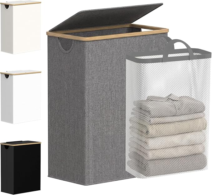 efluky Slim Laundry Basket with Lid, Narrow Laundry Hamper with Removable Bag, Skinny Dirty Clothes Basket with Bamboo Handles for Bathroom, Bedroom & Laundry Room, 65L Grey