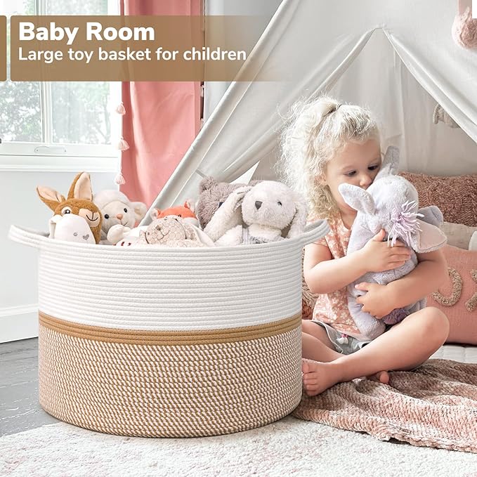 CHICVITA XXL Extra Large Blanket Basket, Cotton Rope Storage Basket for Organizing, Home Decor Woven Basket for Laundry Baby Nursery Decorative Toy Bin, White and Brown, 22" x 22" x 14"