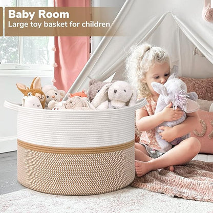 CHICVITA XXL Extra Large Blanket Basket, Cotton Rope Storage Basket for Organizing, Home Decor Woven Basket for Laundry Baby Nursery Decorative Toy Bin, White and Brown, 22" x 22" x 14"