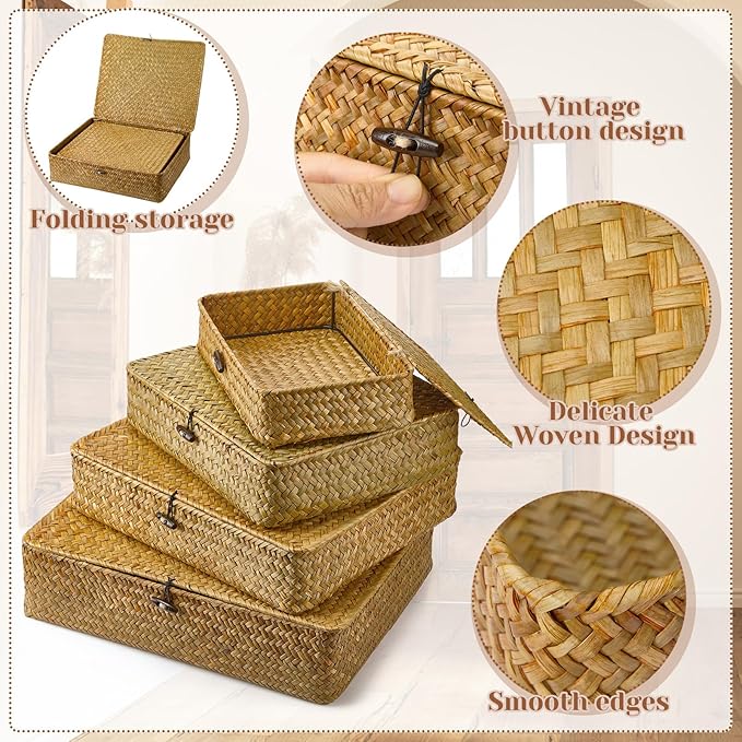 Didaey Set of 4 Seagrass Basket with Lid Wicker Storage Basket Decorative Storage Boxes with Lids Flat Storage Bins Woven Organizer Baskets for Shelf Closet Bedroom, 4 Sizes (Yellow)