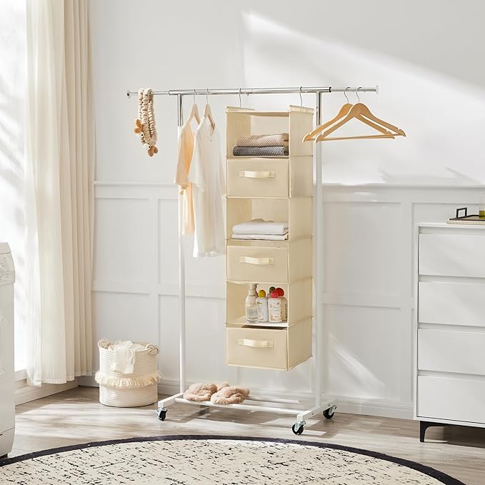 MAX Houser 6 Tier Shelf Hanging Closet Organizer, Closet Hanging Shelf with 2 Sturdy Hooks for Storage, Foldable (Beige-D3)