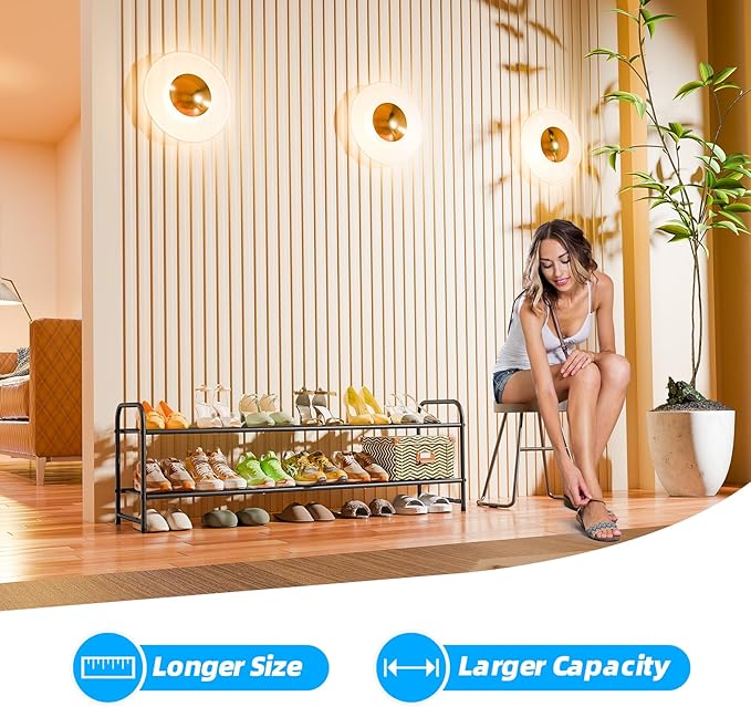 2 Tier Shoe Rack for Closet, 44 Inch Extra Wide Shoe Storage Organizer for Shelves, Heavy Duty Metal, Easy Assembly, Black