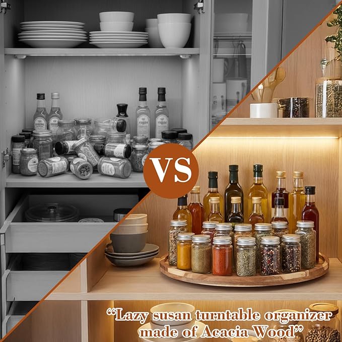 24'' Wood Lazy Susan for Countertop Acacia Large Turntable Rotating Serving Tray for Table Top Non Skid Kitchen Tray Revolving Condiment Spice Rack Table Organization Storage, Natural