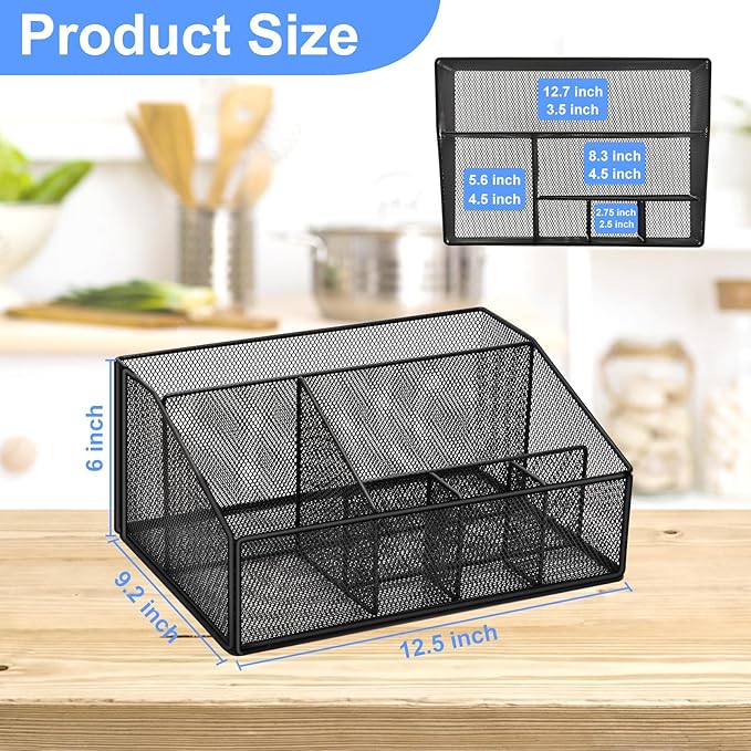 Paper Plate Holder for Countertop,Paper Plate Dispenser,Metal Silverware Caddy with 6 Compartments,Picnic and Camping Utensil Holder for Plates Cups Napkins Forks Knives Spoons-Black