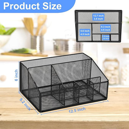 Paper Plate Holder for Countertop,Paper Plate Dispenser,Metal Silverware Caddy with 6 Compartments,Picnic and Camping Utensil Holder for Plates Cups Napkins Forks Knives Spoons-Black