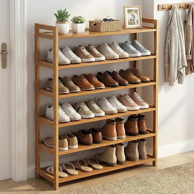 Bamboo Wooden Shoe Rack, Shoe Organizer with Smooth Painted Surface Finishe, Space-Saving Shoe Shelf for Entryway, Living Room, Bedroom (Natural, 6-Tier-27x10x36in)