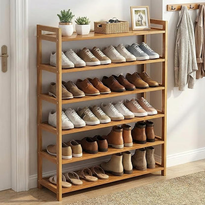 Bamboo Wooden Shoe Rack, Shoe Organizer with Smooth Painted Surface Finishe, Space-Saving Shoe Shelf for Entryway, Living Room, Bedroom (Natural, 6-Tier-27x10x36in)