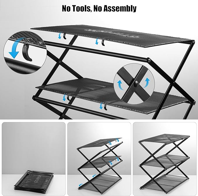 Shoe Rack for Entryway 4 Tier Foldable Shoe Rack Without Assembly Collapsible Metal Shoe Organizer Folding Shoe Storage Rack for Door, Living Room, Black