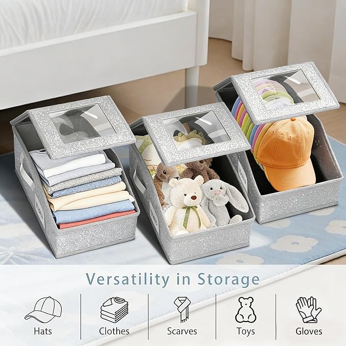 Stackable Hat Storage for Baseball Caps, 3 PCS Hat Storage Boxes for Closet, Holds up to 45 Caps with Cardboard, Hat Organizer for Women & Men(Two Clear Window) (Grey 3-pack)