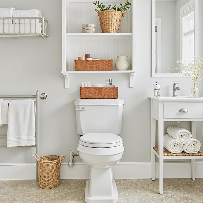 GRANNY SAYS Bathroom Toilet Organizer, Back of Toilet Storage Basket, Waterproof Storage for Shelves, 3 Section Wicker Baskets, Caramel Orange, 2-Pack