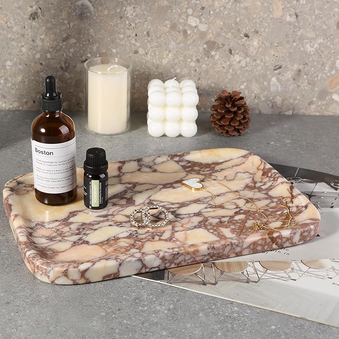Karibiber Calacatta Marble Vanity Trays, Marble Bathroom Tray Countertop, Luxury Decorative Dresser Organizer, Purple&White Natural Stone Serving Tray for Kitchen, Perfume, Jewelry Holder Storage
