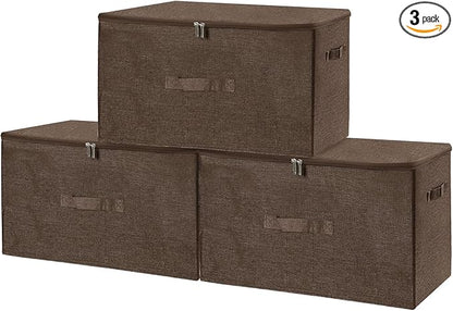 ANMINY 3PCS Storage Bins with Zipper Lids 51.9 Qt Lidded Fabric Storage Boxes Baskets Cubes with Handles Collapsible Washable Cotton Linen Closet Shelf Clothes Organizer - Coffee, Extra Large