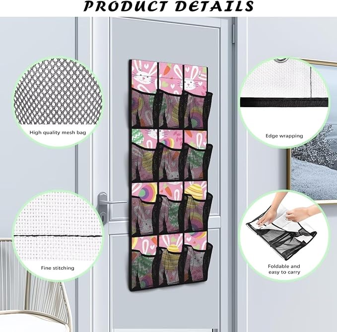 Rabbit Egges Over The Door Shoe Organizer Foldable Space Saving Hanging Storage Holder 12 Mesh Pockets for Kitchen, Office, Dorm Rooms