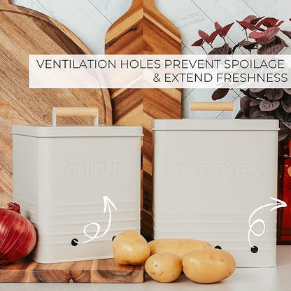 ZICOTO Beautiful Potato and Onion Storage Container Set, 10.1" & 8.9" - Perfectly Sized Spacious Canisters For Your Kitchen Counter Or Pantry - Food Safe Metal Bins Keep Produce Fresh Longer