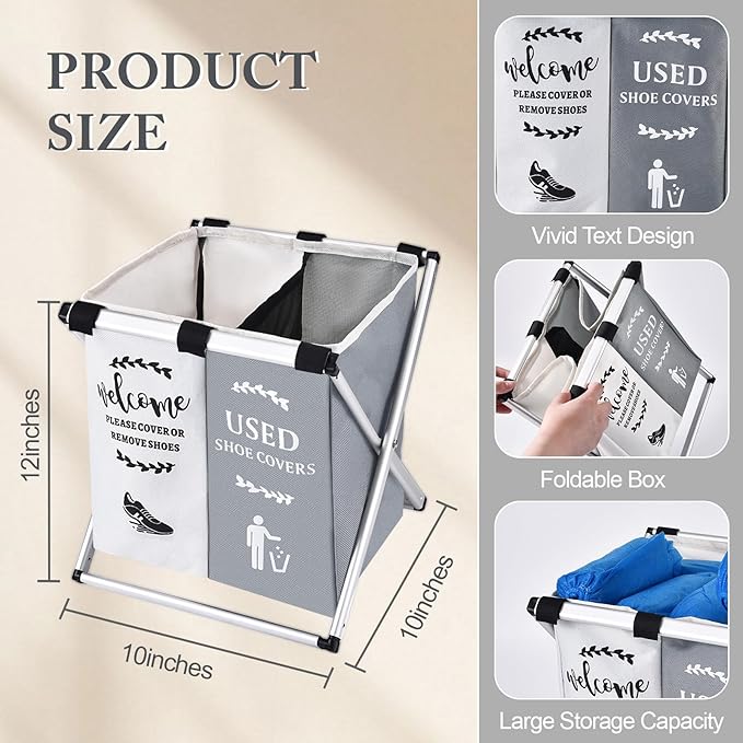 Shoe Cover Dispenser Foldable Shoe Covers Box Realtor Supplies,Holder with Used Shoe Covers and Please Remove Your Shoes Sign for Open House Supplies(Gray,Beige)