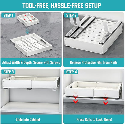 Pull Out Cabinet Organizer, Adjustable Width 16"-22" & Depth 12"-20", No Drill, for Kitchen, Pantry, Bathroom, White