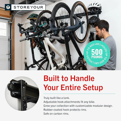 StoreYourBoard BLAT Modular Wall Bike Rack - Adjustable Bike Wall Mount System for Mountain Bikes and Road Bikes - Holds Up to 4 Bikes with Accessories - Heavy-Duty Steel Garage Storage Hooks - Black