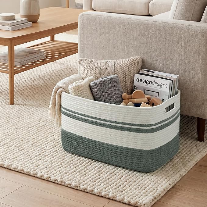 75L Large Blanket Basket, 22"x17"x12"Rectangle Cotton Rope Woven Storage Basket with Handles, Laundry Hamper for Living Room, Nursery, Bedroom - Chemical-Free, Kid & Pet Safe - Sage Green
