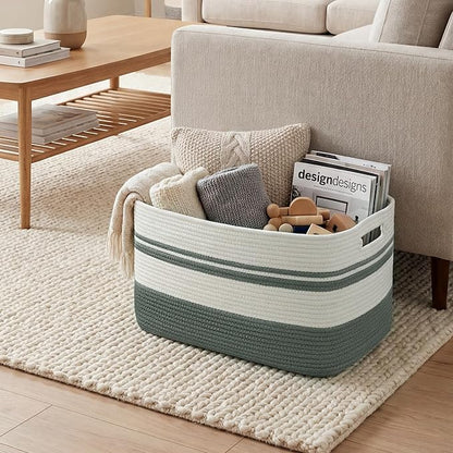 75L Large Blanket Basket, 22"x17"x12"Rectangle Cotton Rope Woven Storage Basket with Handles, Laundry Hamper for Living Room, Nursery, Bedroom - Chemical-Free, Kid & Pet Safe - Sage Green