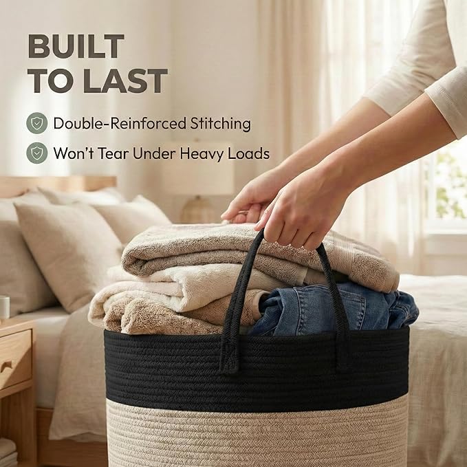JMvicyroam 65L Extra Large Blanket Basket for Living Room - Woven Cotton Rope Laundry Hamper with Reinforced Handles - Storage Bin for Pillows, Comforters & Toys - Machine Washable,Black&Jute