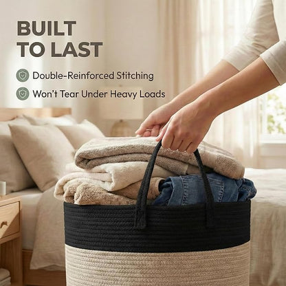 JMvicyroam 65L Extra Large Blanket Basket for Living Room - Woven Cotton Rope Laundry Hamper with Reinforced Handles - Storage Bin for Pillows, Comforters & Toys - Machine Washable,Black&Jute