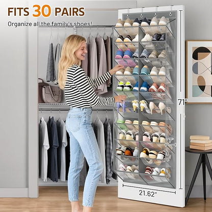MISSLO 30 Pairs Over the Door Shoe Organizer Breathable Mesh Hanging Shoe Rack for Closet Storage with Wide Deep Pockets 10 Tier Shoes Holder Fit All the Family's Sneakers, Boots, Heels (Grey, 71")