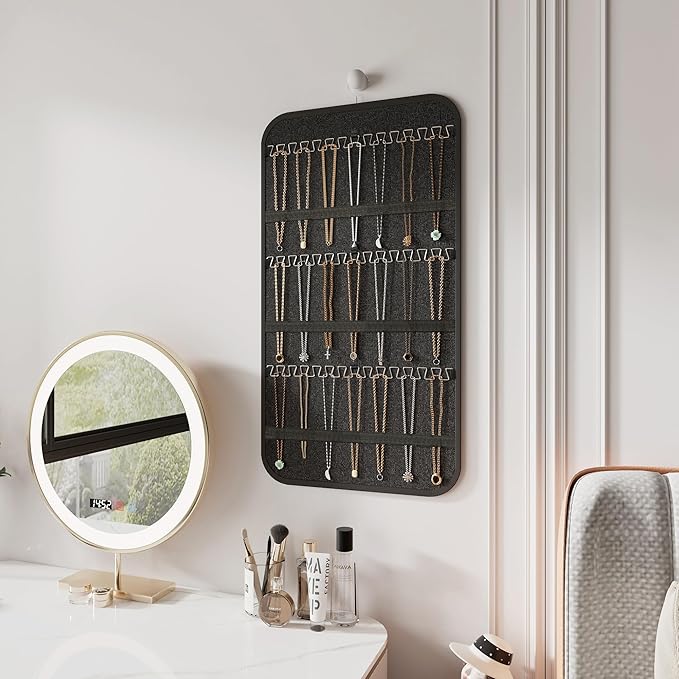 Hanging Jewelry Organizer Storage, 40 Pockets 36 Hooks Necklace Earring Bracelet Ring Organizer, Double - Sided Design, Black and Beige
